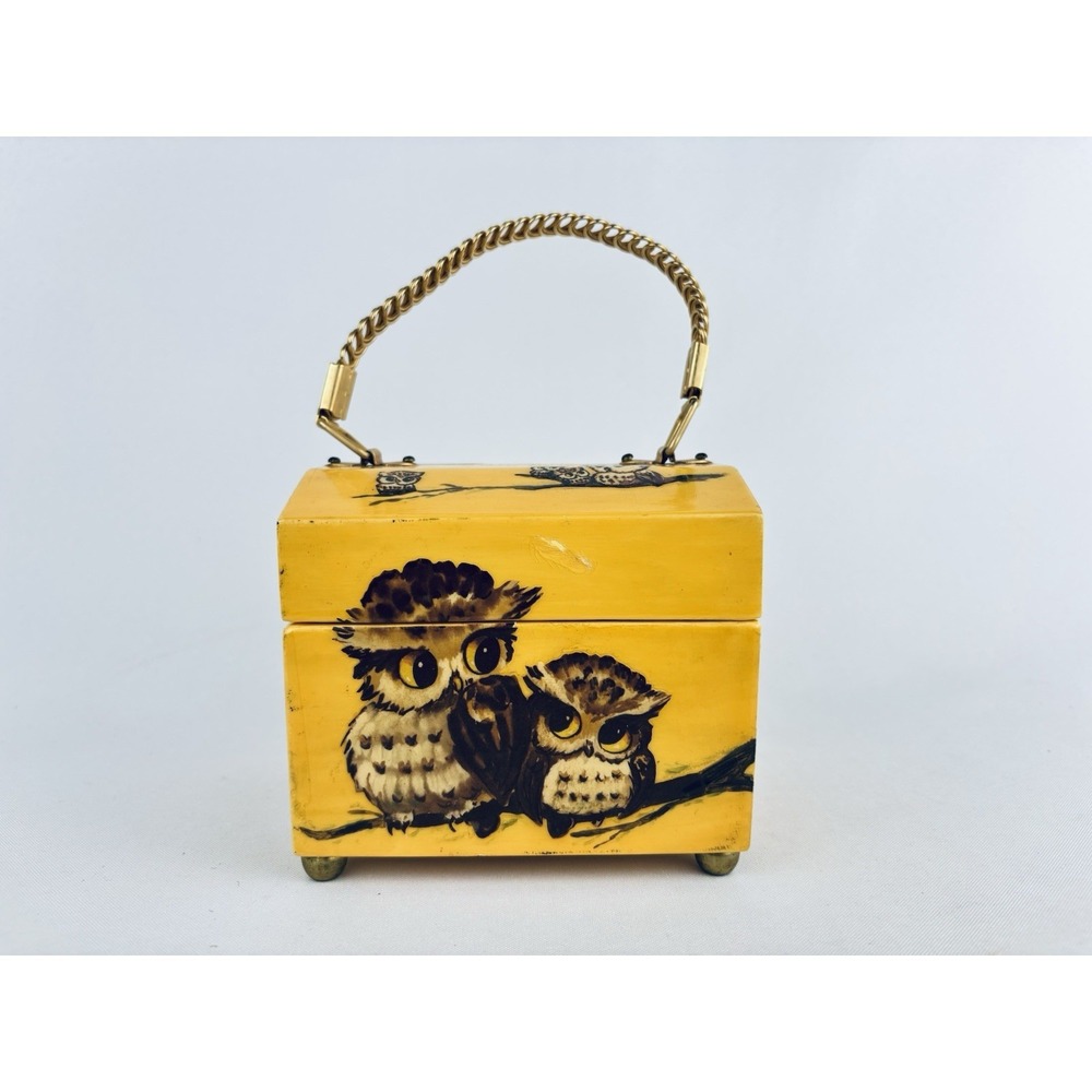 Vintage Decoupage Gold Wooden Purse Handbag Big Eyed Owls MCM Retro